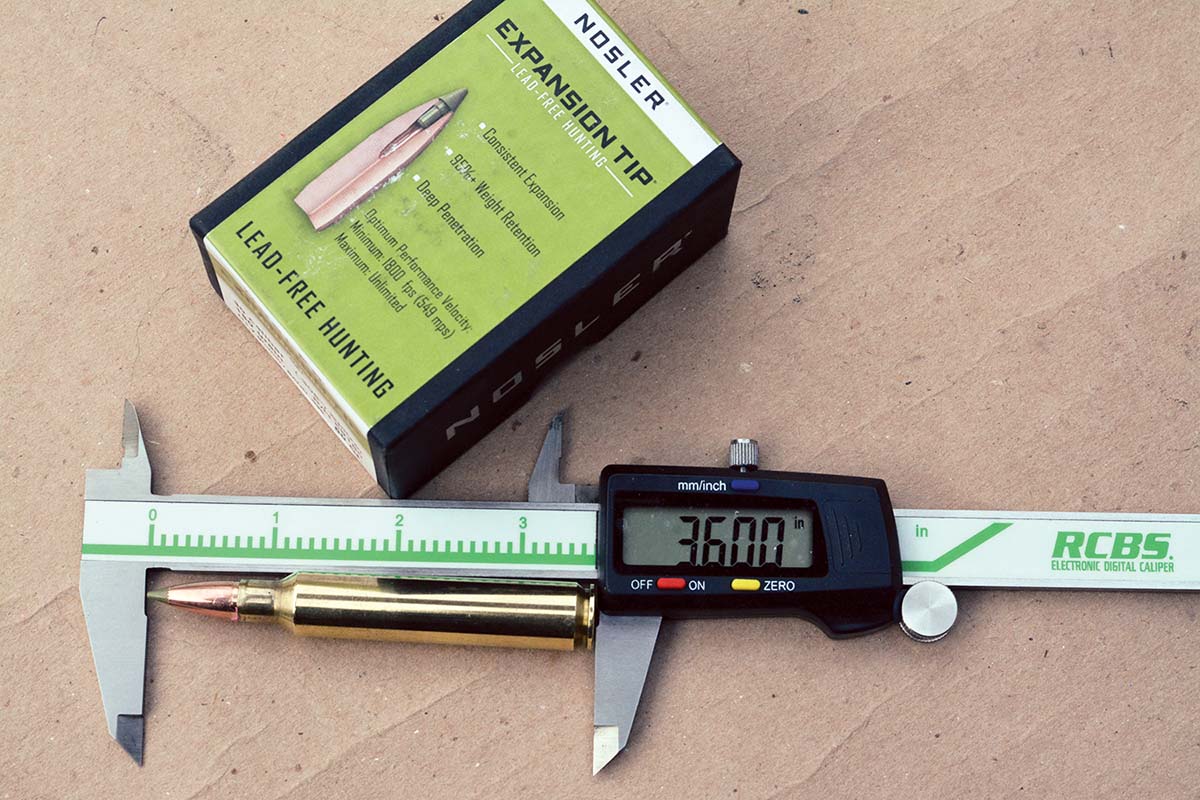 The maximum overall cartridge length is 3.600 inches; however, some rifles will permit slightly longer COLs.